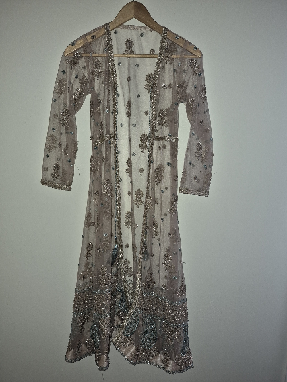 Embellished Sheer Beaded Duster Dress XS Boho Formal Ethnic Jacket